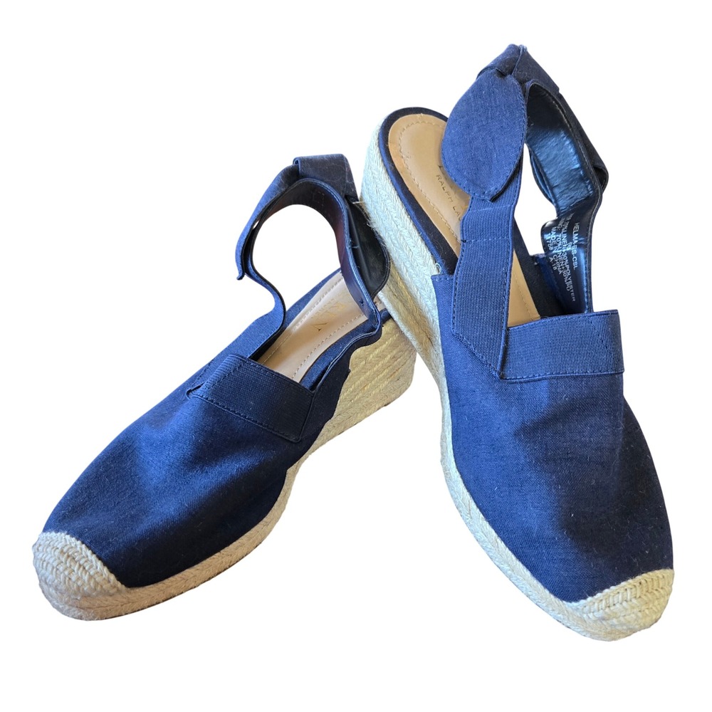 Lauren Ralph Lauren NWOT Boho Chic Blue Linen Espadrille Wedge Sandals Womens 8B